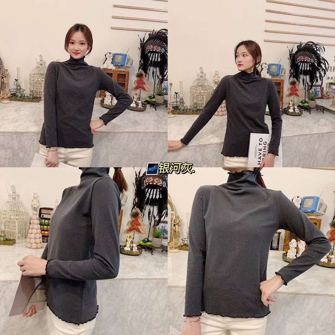 The 2022 autumn and winter new style base shirt for women is a semi-high-neck long-sleeved solid color with black fungus edges, paired with a fitted and warm German velvet top pic 34
