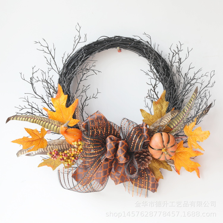 Desheng Cross-border E-commerce Amazon Halloween simulation maple leaf pumpkin Ribbon wall hanging vine ring wreath decoration pic 10