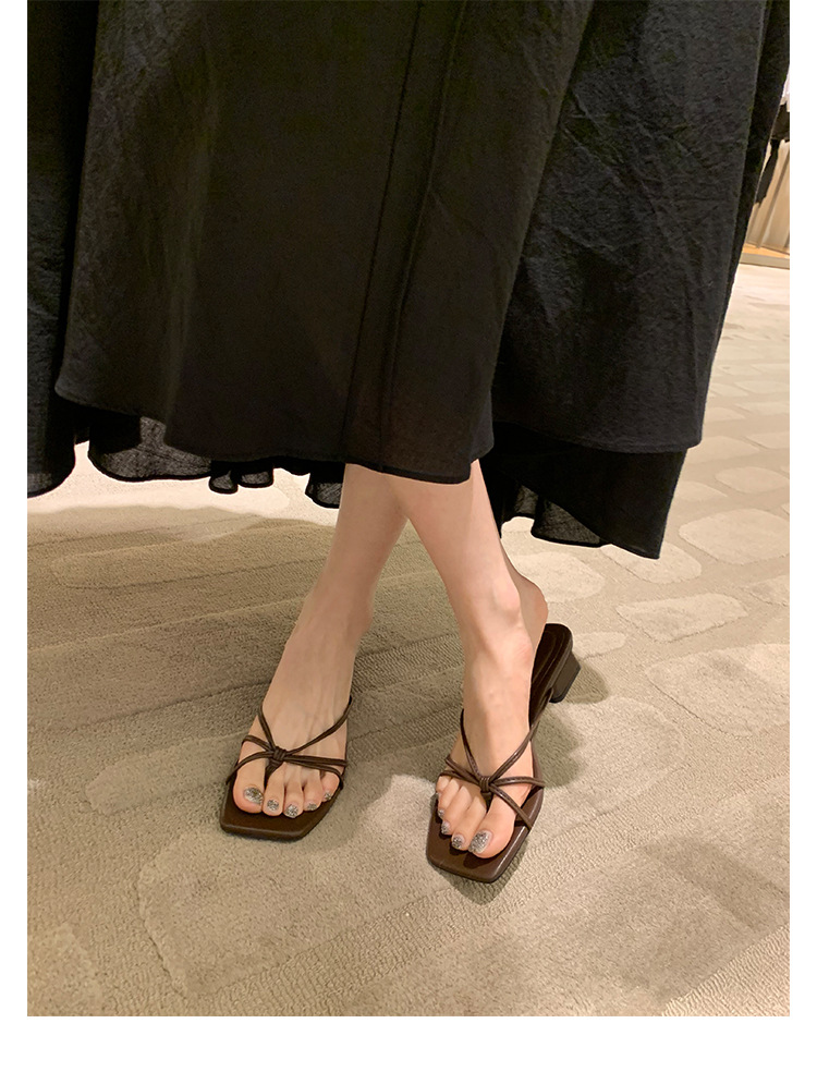 羊皮版葡萄妈同款法式方头高跟鞋细带粗跟平底拖鞋女夏季扭结凉拖详情44