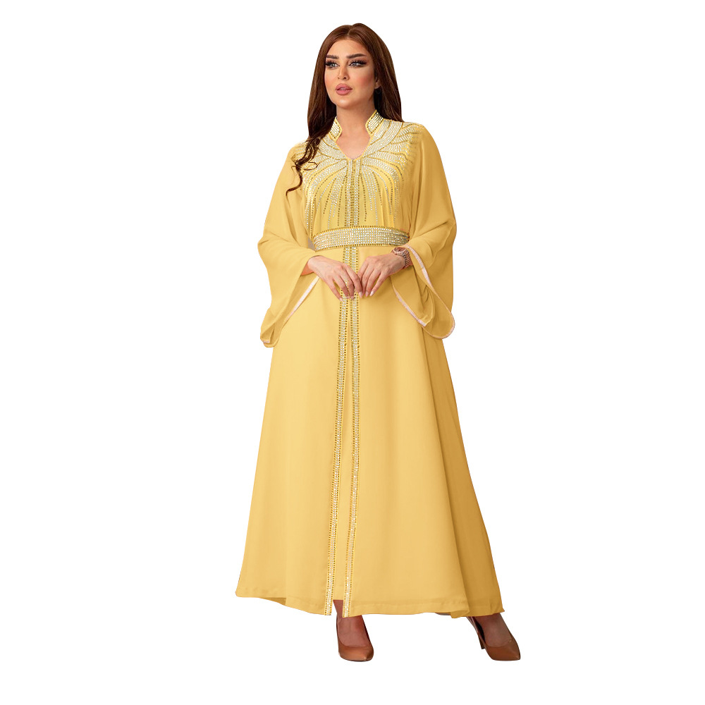 XQY500090 Foreign trade Arab robe, Middle East kaftan fashion Hot diamond belted chiffon dress pic 14
