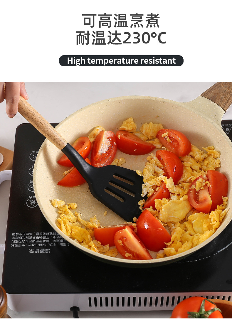 Cross-border best-selling 12-piece set of wooden handle kitchenware, FDA silicone non-stick cookware, cooking spatula and baking set with storage bucket pic 15