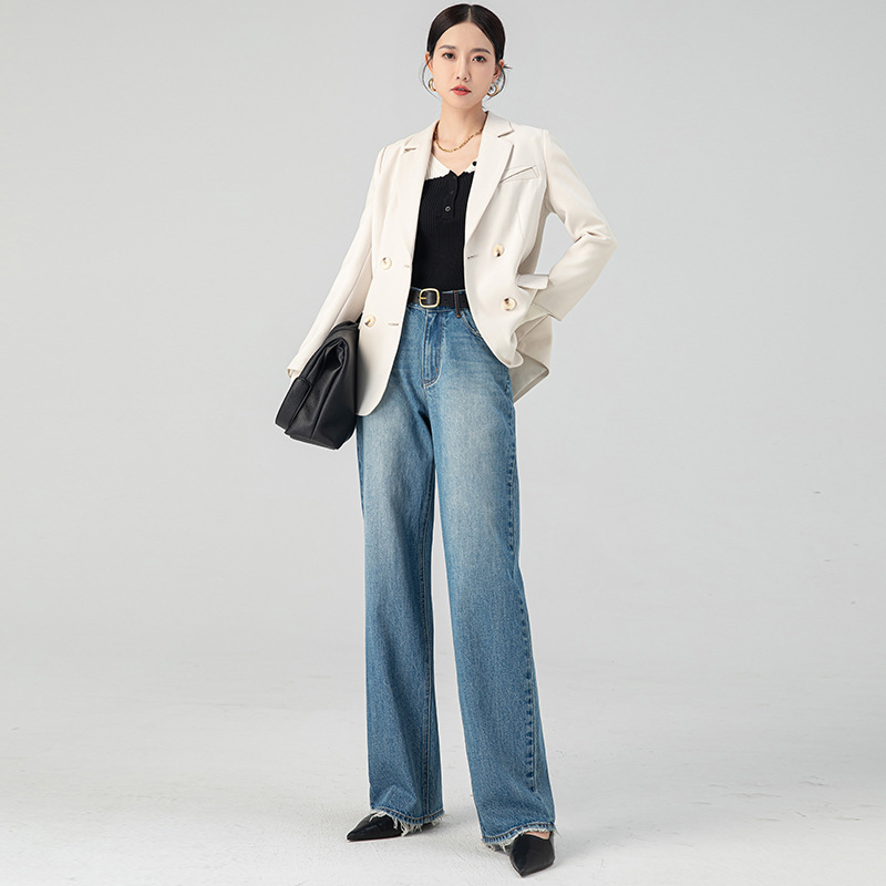 HEY+JEANS高端设计感复古牛仔裤女春秋新款高腰显瘦显高微喇长裤详情5