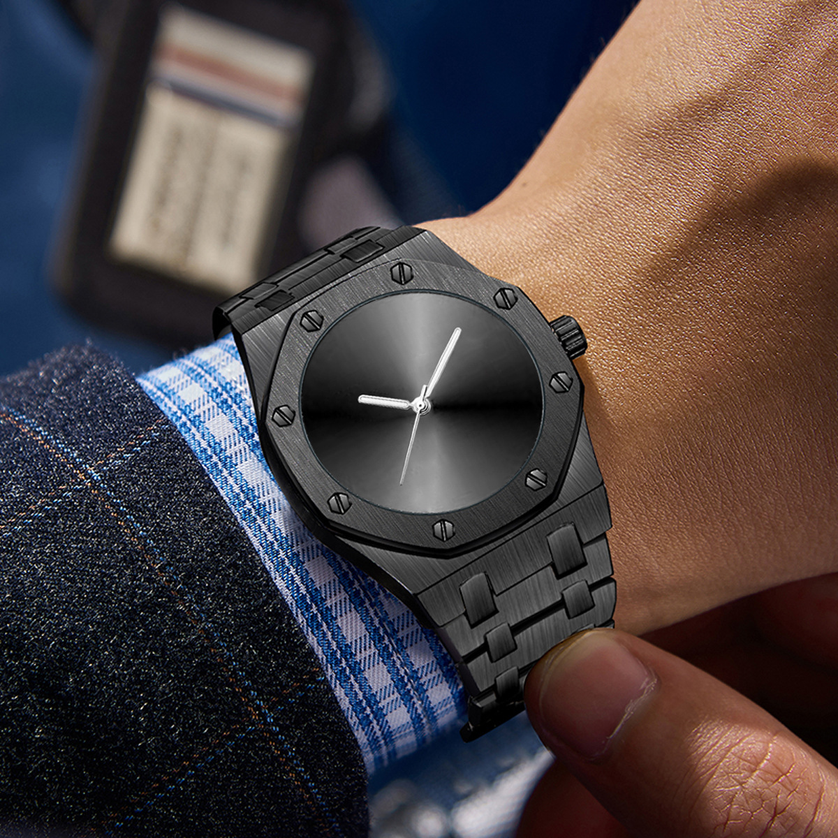 PINTIME/品时抖音手表直播爆款八边形带螺丝装饰圈防水石英手表男详情5