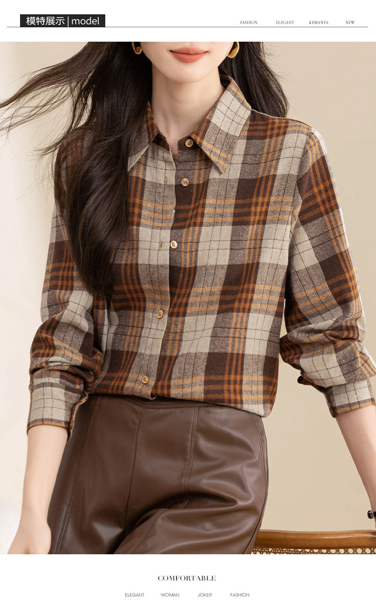 复古格子衬衫女长袖秋冬装新款中长款宽松上衣设计感小众磨毛衬衣详情12