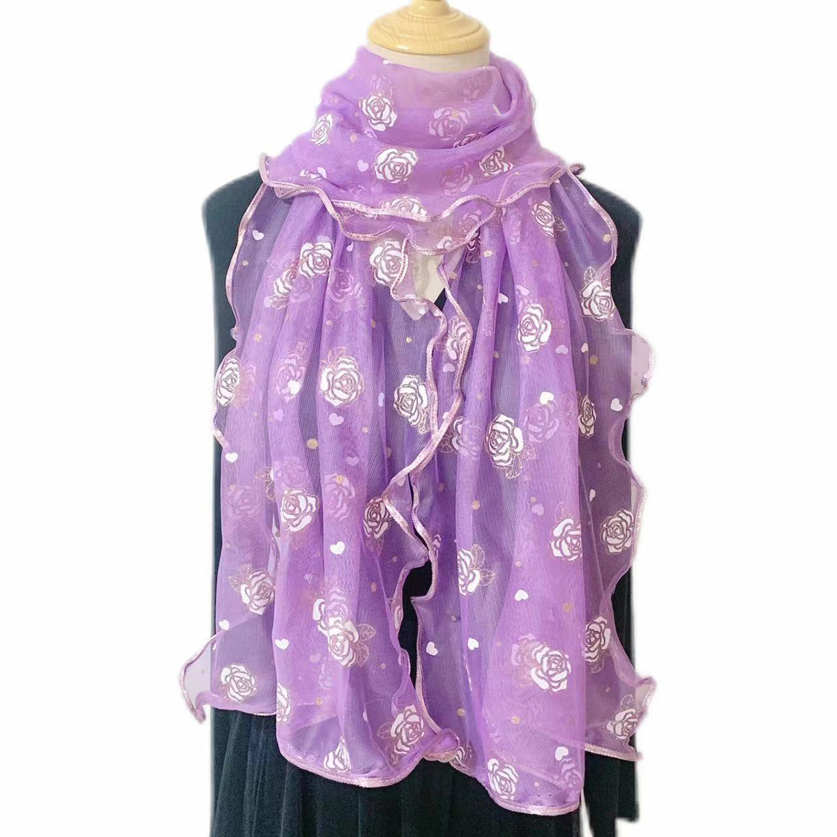 秋冬季韩版高弹长款印花包边围巾女 烫金工艺品百搭披肩纱巾 女士时尚丝巾保暖配饰详情6