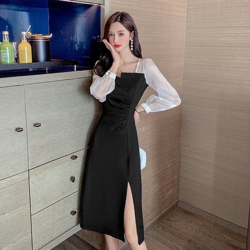 跨境连衣裙女秋季2022新款设计感法式复古赫本风黑色开叉长袖裙子详情4