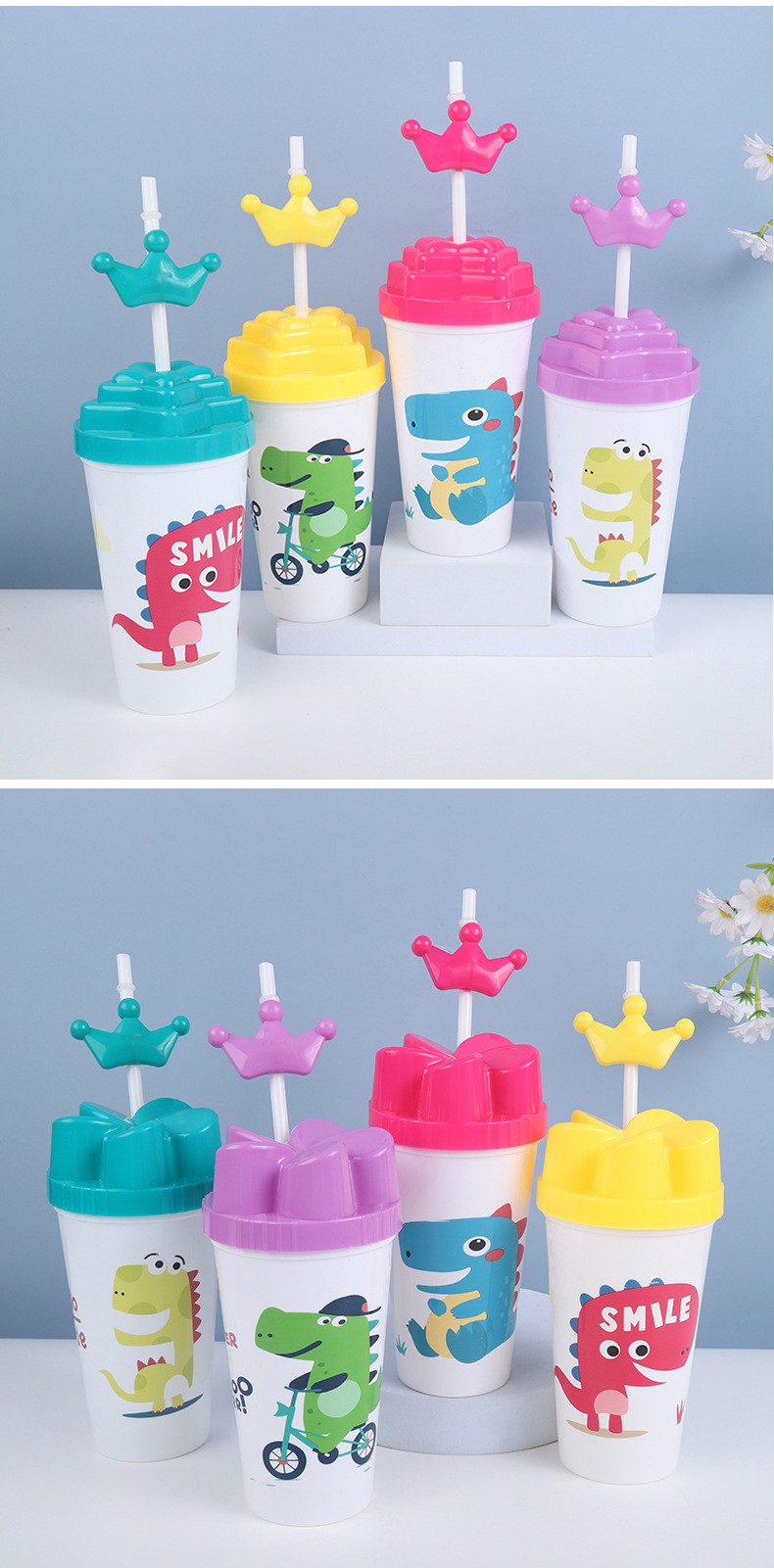 Fashionable PP solid color straw water cup, cute dinosaur pattern creative small crown, tropical fruit style straw water cup pic 9