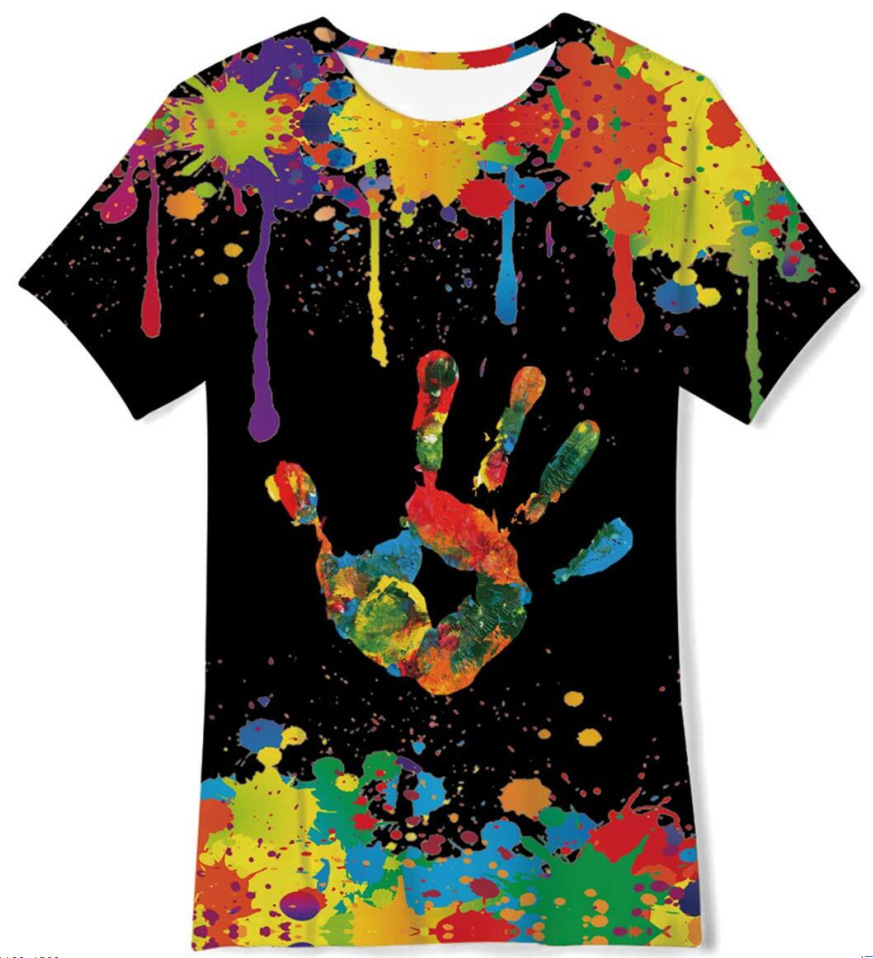 跨境外贸热销3D数码印花 时尚儿童七彩色颜料夏季宽松童装短袖T恤详情11