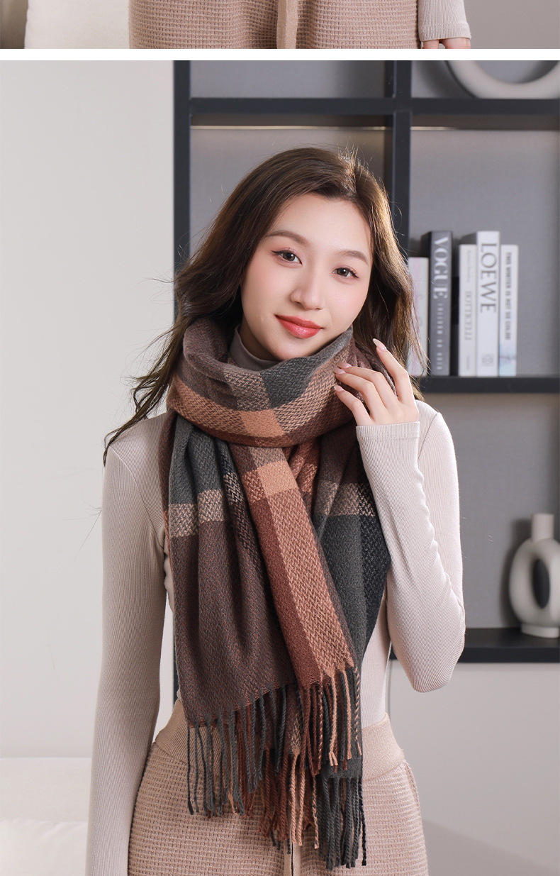 格子秋冬季围脖女韩系2023围巾披肩女新款简约加厚保暖仿羊绒围巾详情16