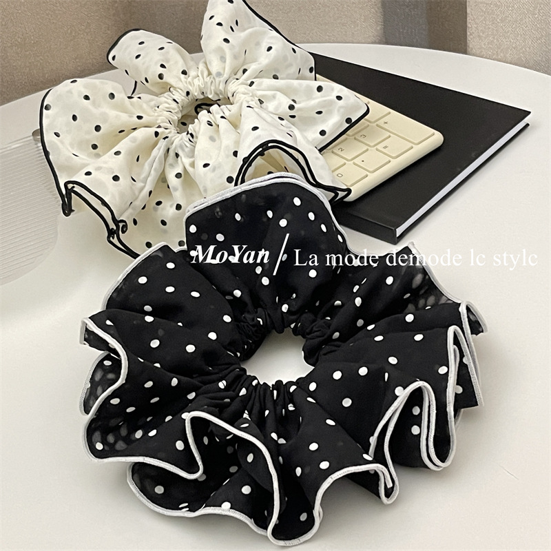 Double-layer white large polka dot large intestine hair band, elegant retro edge hair tie, French simple and elegant hair flower hair tie pic 9
