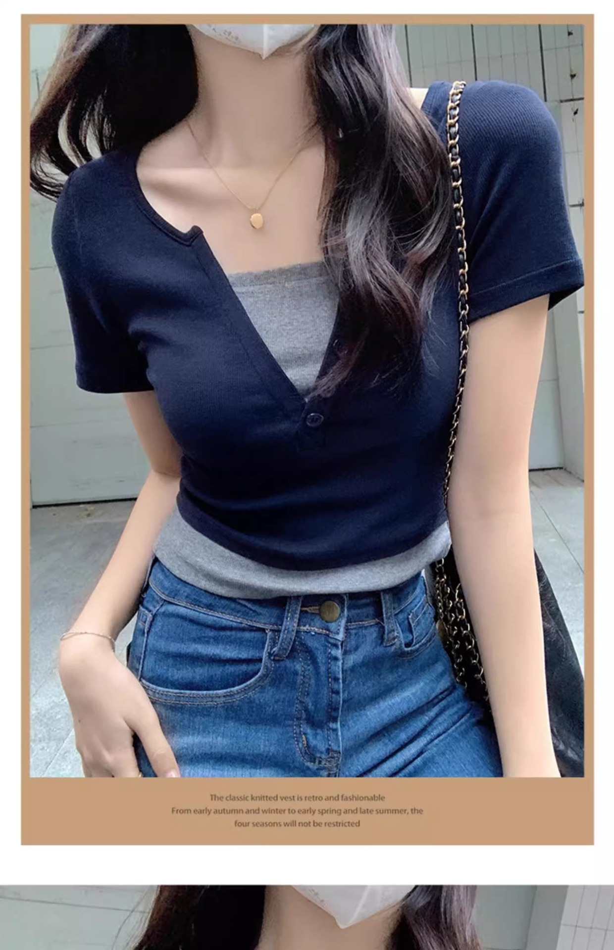 Pink V-neck off-the-shoulder T-shirt for women, short sleeve, new spring and summer style, two-piece design, slim and short, pure and sensual pic 30