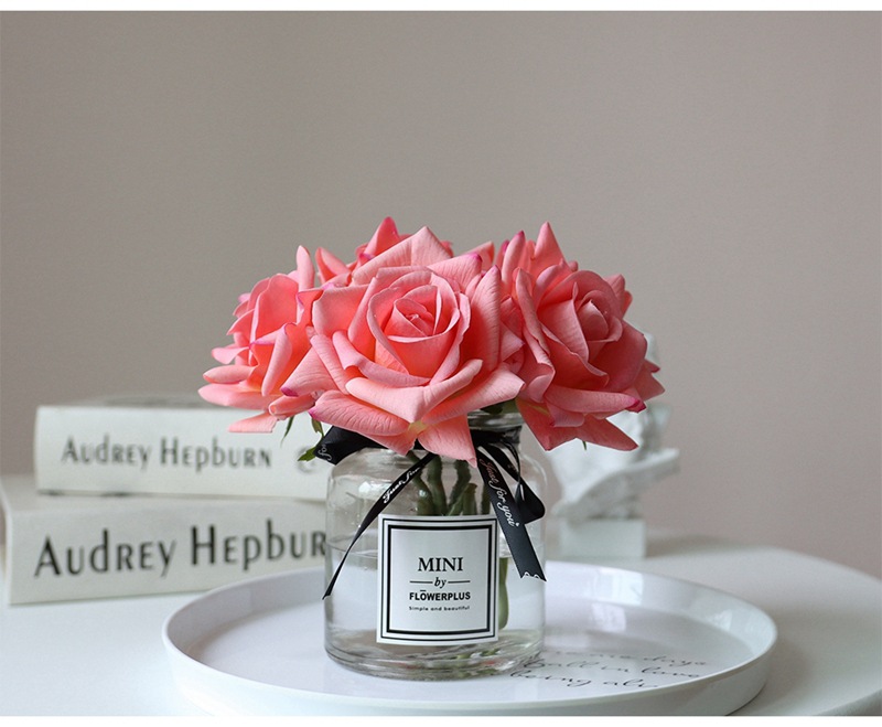 高端保湿手感仿真花5头卷边玫瑰假花束婚庆手捧湿感塑料装饰批发详情13