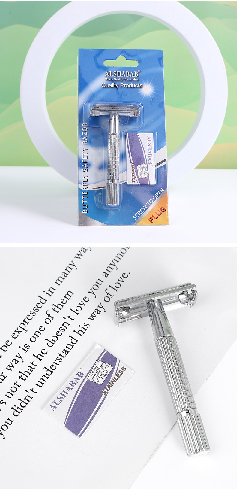 ALSHABAB吉派新款银色男士刮毛刀旋开式刀架双面剃须便携全身水洗手动刮胡刀详情9