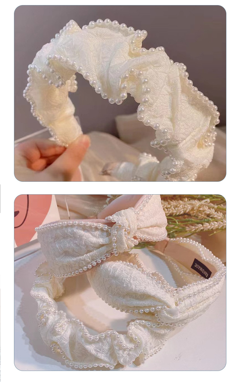 French retro court-style milk white pearl hair band with elegant charm, bow hairpin, high top head band and hair accessory pic 7