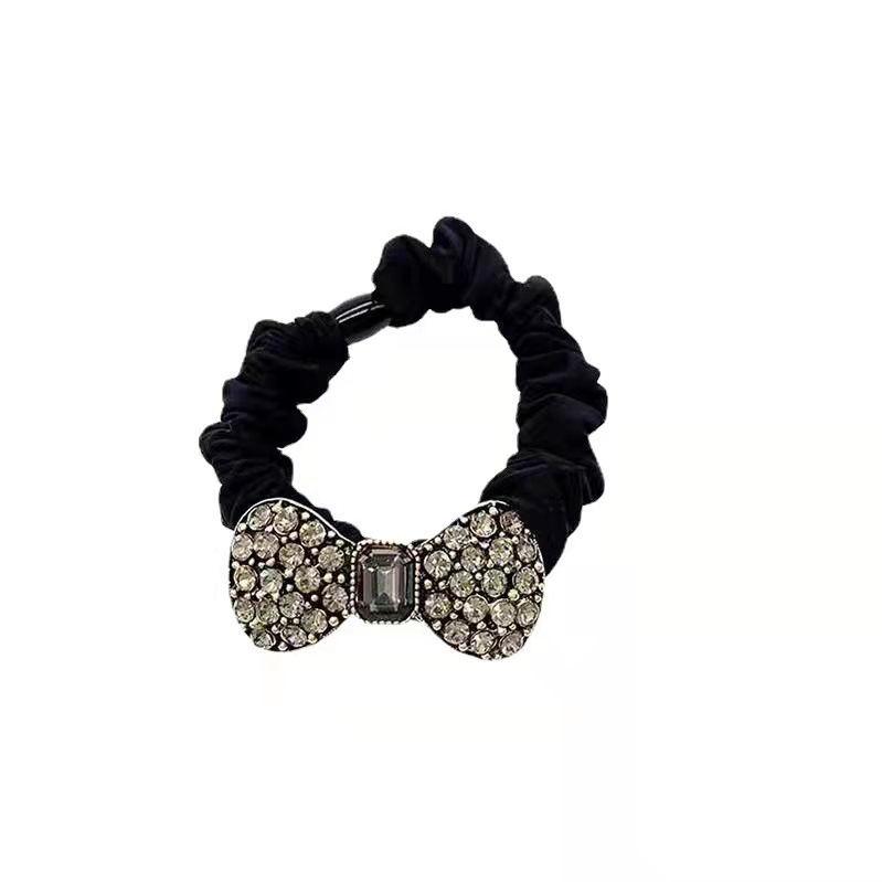 Light luxury water diamond bow hair tie headband, Korean-style fabric small intestine loop, simple chanel-style leather band hair accessory pic 5