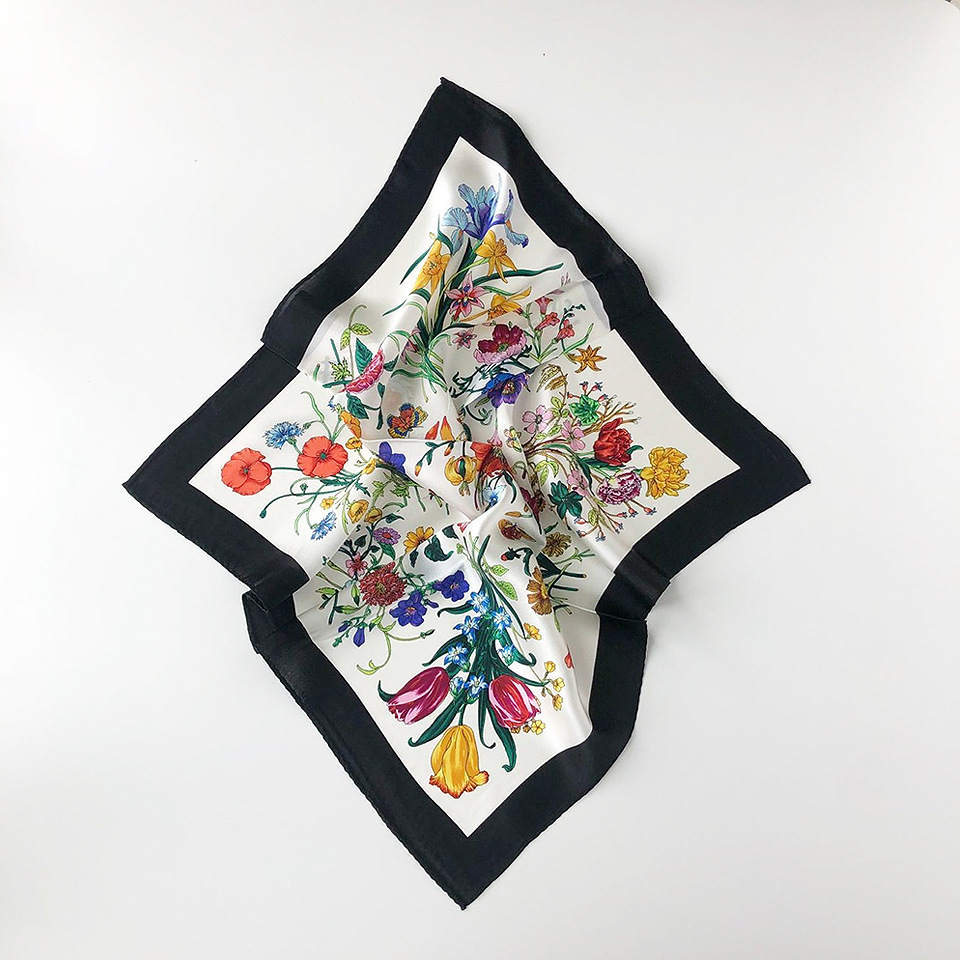 Wholesale silk scarves for overseas gifts and return gifts, cross-border silk autumn and winter decorative plain crepe satin 53cm floral neckerchiefs, small square scarves pic 45