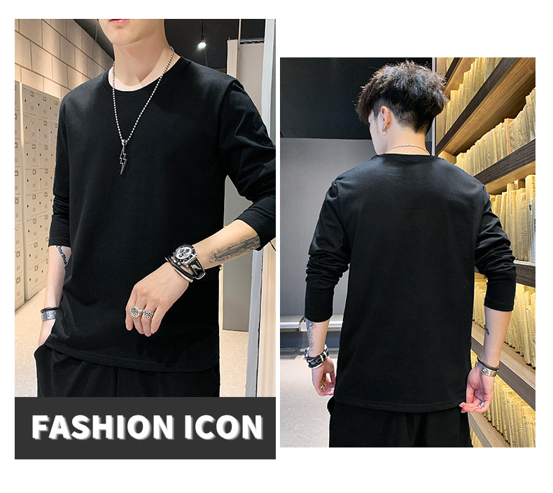 Long-sleeved T-shirt for men, solid white cotton base layer, Korean-style sporty loose trendy ins, spring and autumn inner layer casual top pic 14