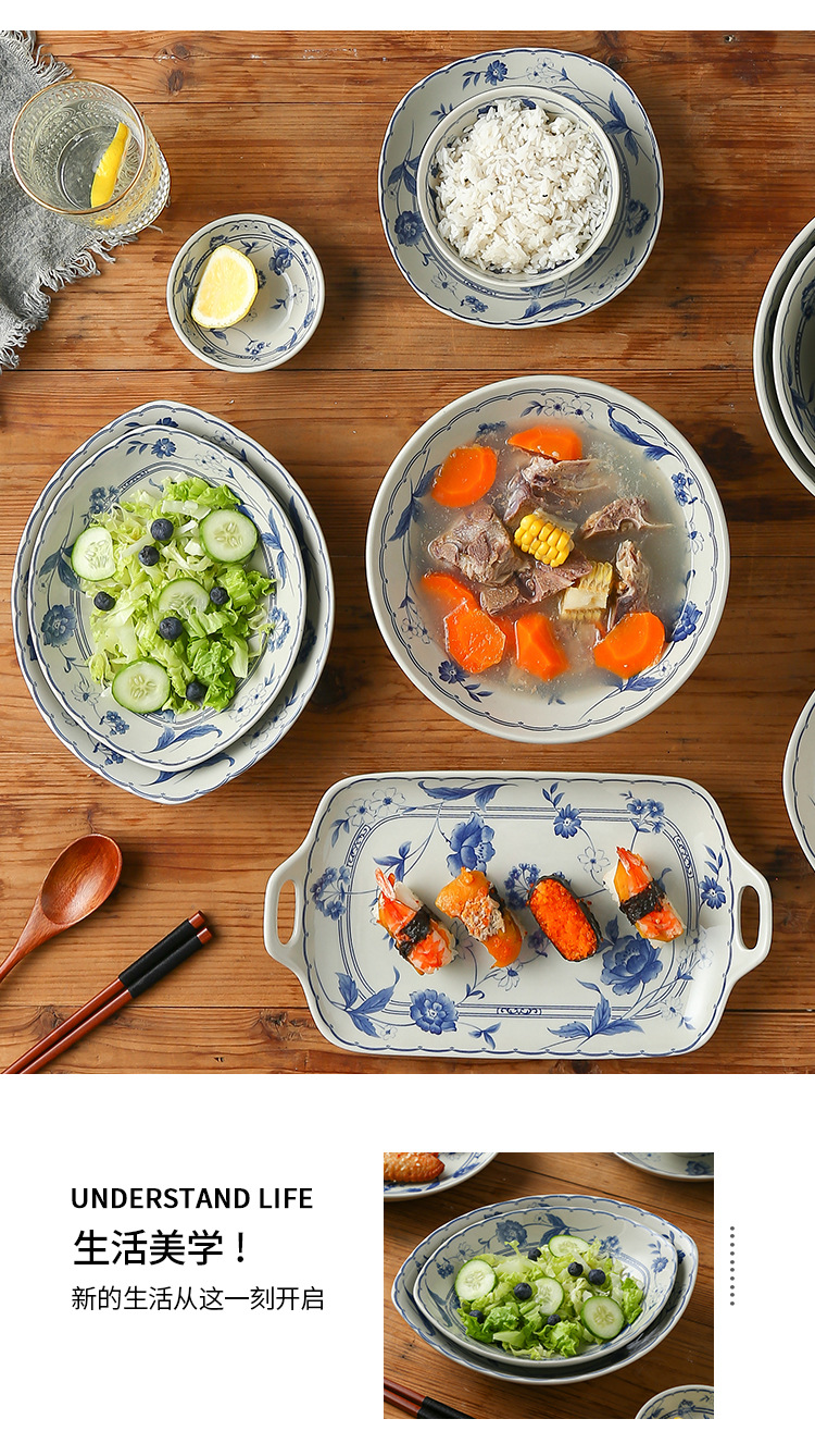 Japanese retro-style ceramic tableware, home blue and white underglaze color creative plates, flat plates, and personalized salad bowls pic 11