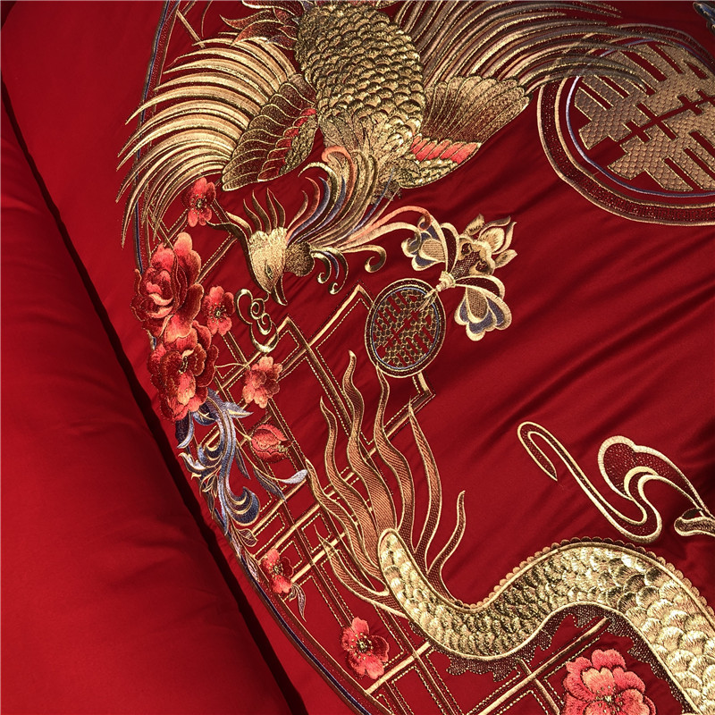 新款100s高档纯棉婚庆四件套长绒棉重工刺绣大红色床上结婚多件套详情11