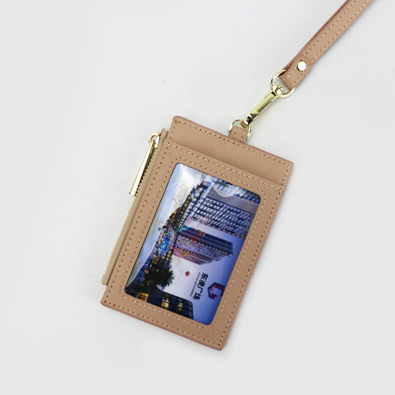Genuine cowhide brand ID card holder, portable work name tag, employee name tag, cross-patterned neck-hanging, zipper card case, coin purse pic 46