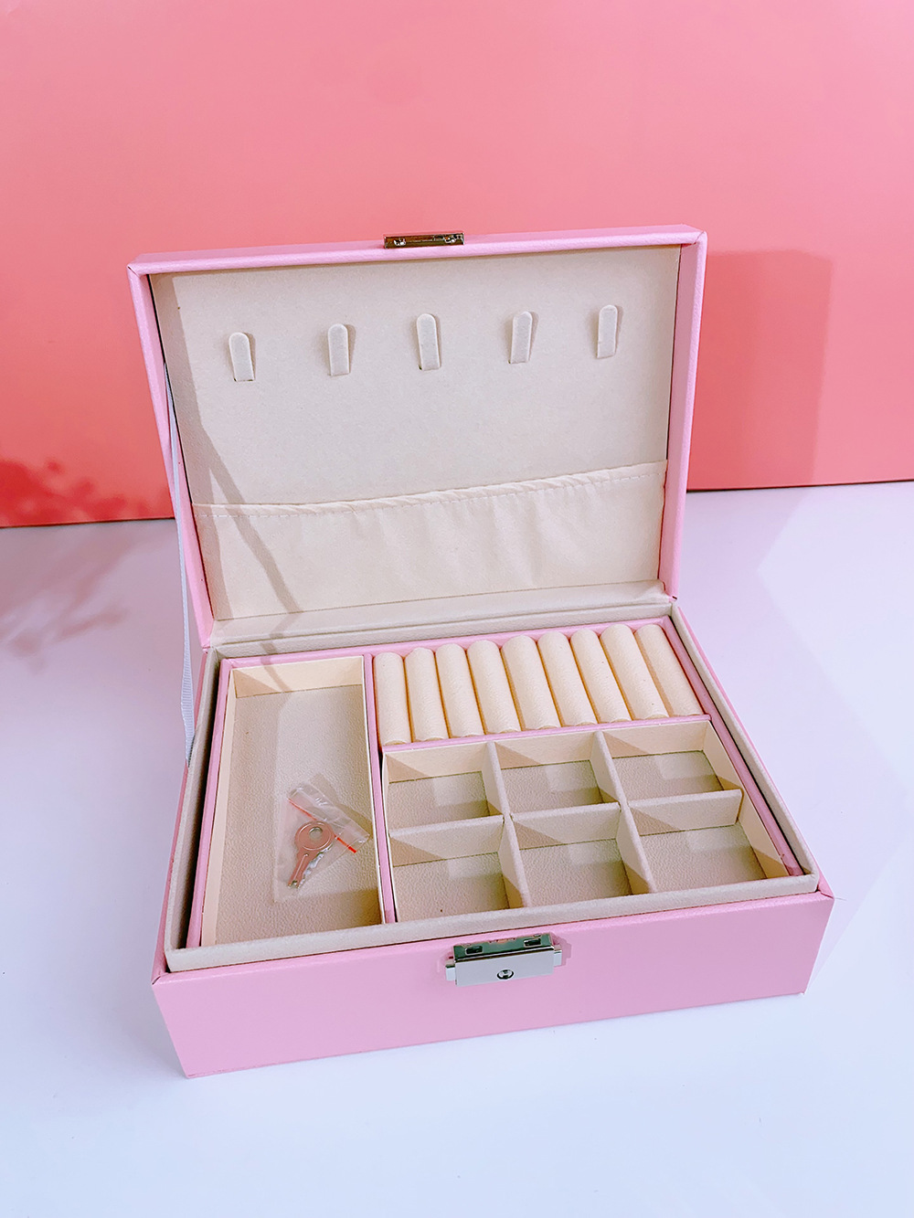 瑾奇2023首饰盒带锁双层大容量皮革珠宝饰品戒指项链耳环耳钉收纳盒子 粉色儿童收纳系列 JQ009详情3