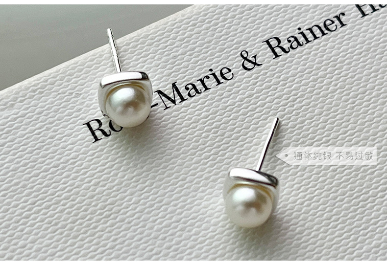 S999纯银足银方形淡水珍珠耳钉女韩国气质简约小众设计感小巧耳饰详情19