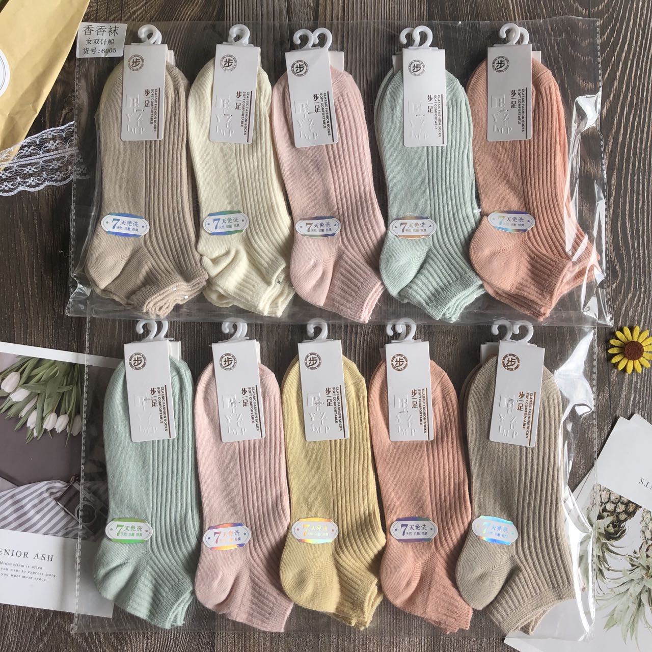 高品质双针女袜子春夏薄款纯色短袜女式棉袜日系彩色短筒船袜批发详情4