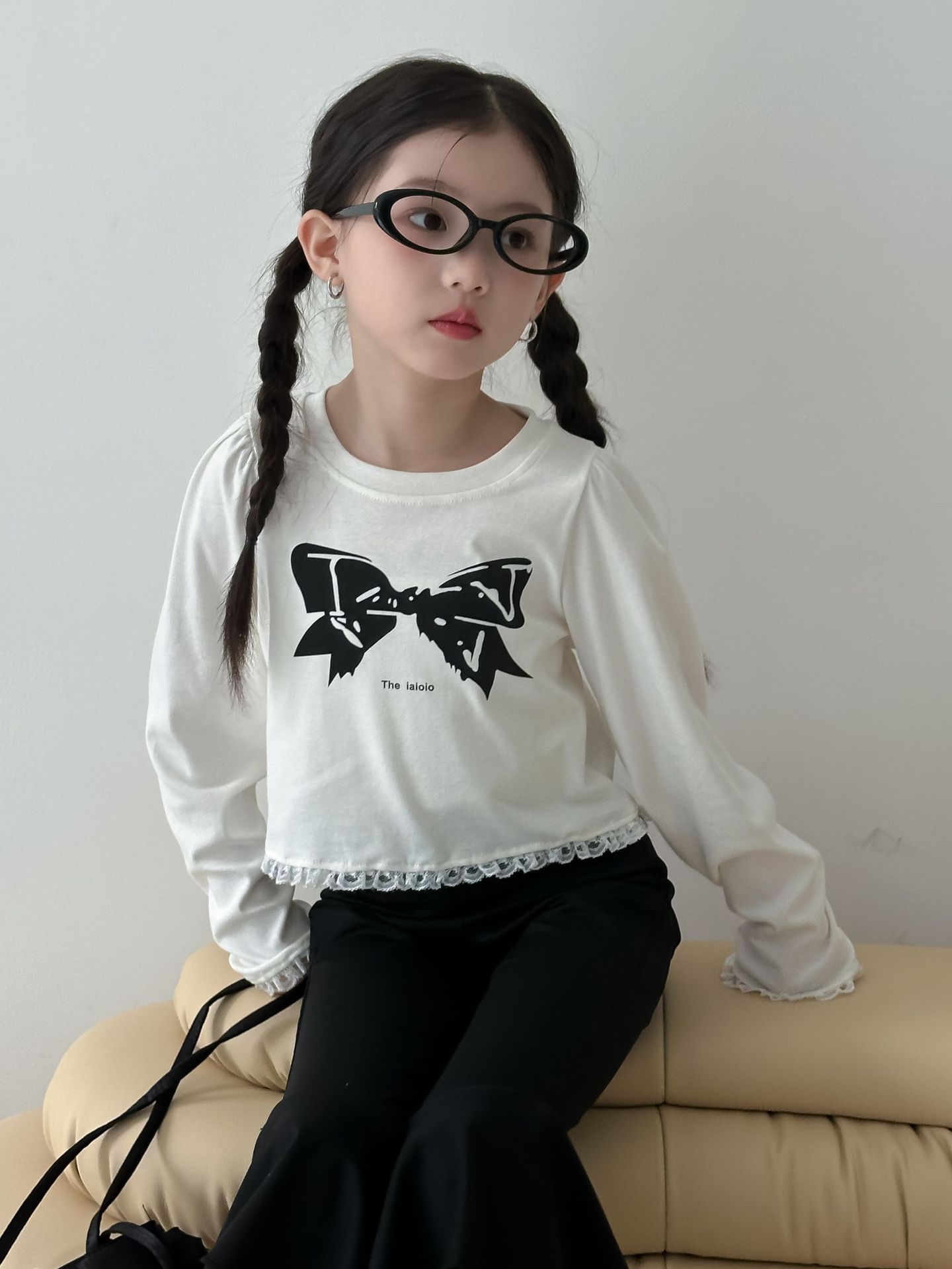 Children's T-shirt 2024 Autumn Edition Korean version Girls' bow Print Short T-shirt, Little girl's lace base layer pic 30