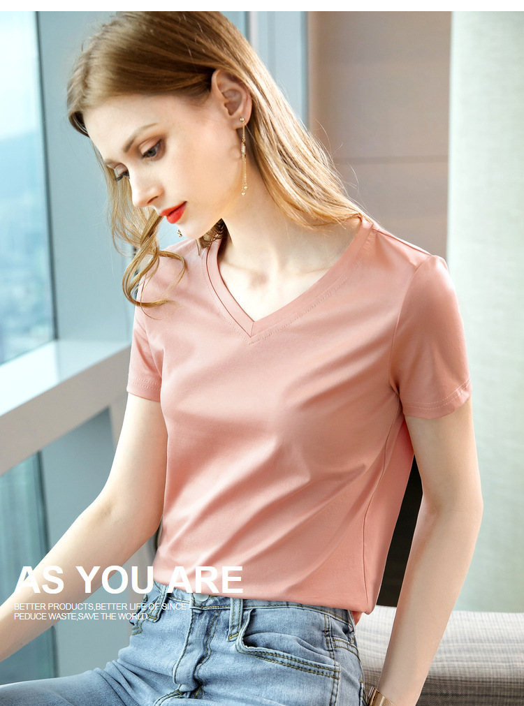冰感丝光棉短袖t恤女2024新款女装气质v领纯棉体恤纯色高级感上衣详情32