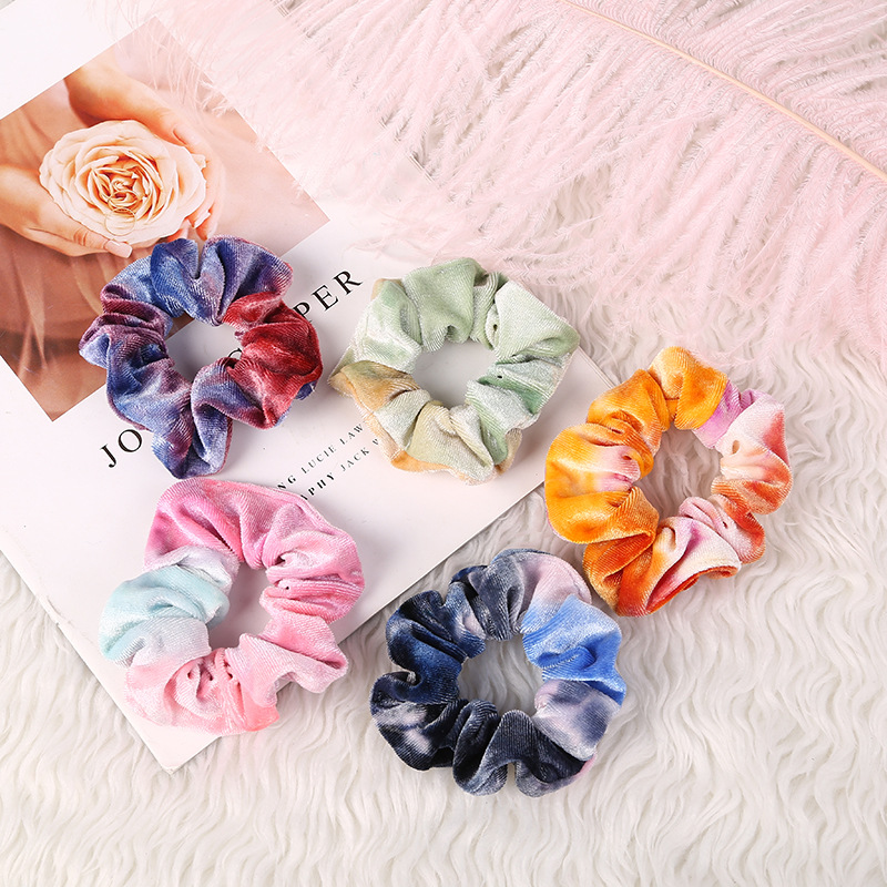 Wholesale of cross-border Amazon velvet tie-dyed large intestine rings, new European and American velvet color-blocking sweet and elegant hair rings pic 13