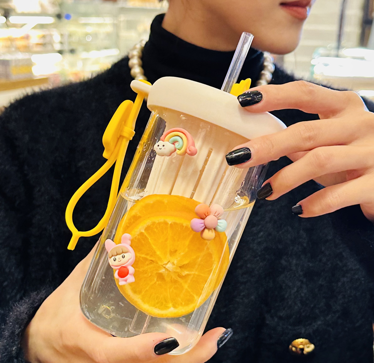 夏季新款高硼硅玻璃杯茶水分离柠檬杯可爱风水杯女生便携吸管杯子详情8