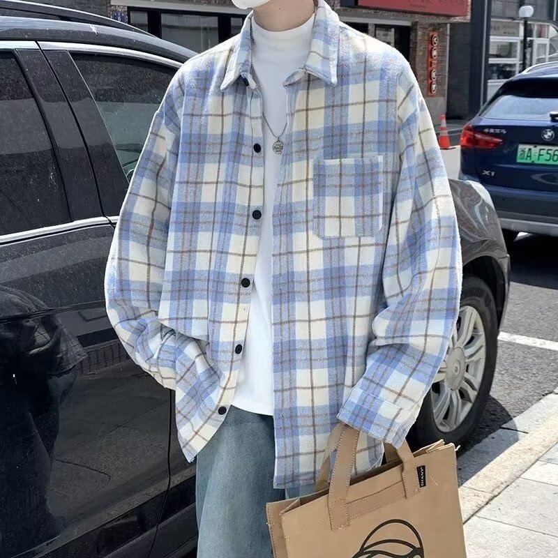 美式春秋季日系长袖格子衬衫男士韩版潮流ins网红休闲款衬衣外套详情14