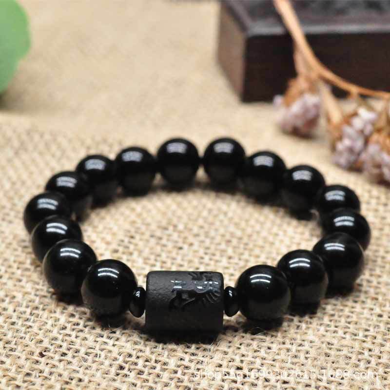 Wholesale imitation crystal obsidian single-loop bracelets, frosted dragon and phoenix bucket beads, couple bracelets for men and women, and Buddhist prayer beads pic 7