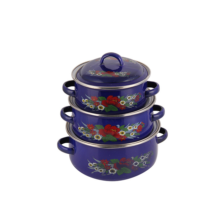 Factory direct sales of three-piece enamel cookware sets, colorful base soup pot sets, double-ear enamel pot LIDS pic 2