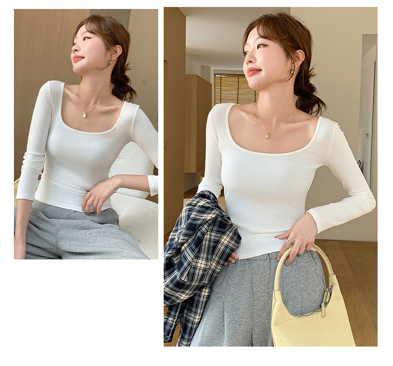 H869 Threaded large U-neck long-sleeved top for women, Spring style slim T-shirt, light, warm, simple and casual base layer new style pic 19