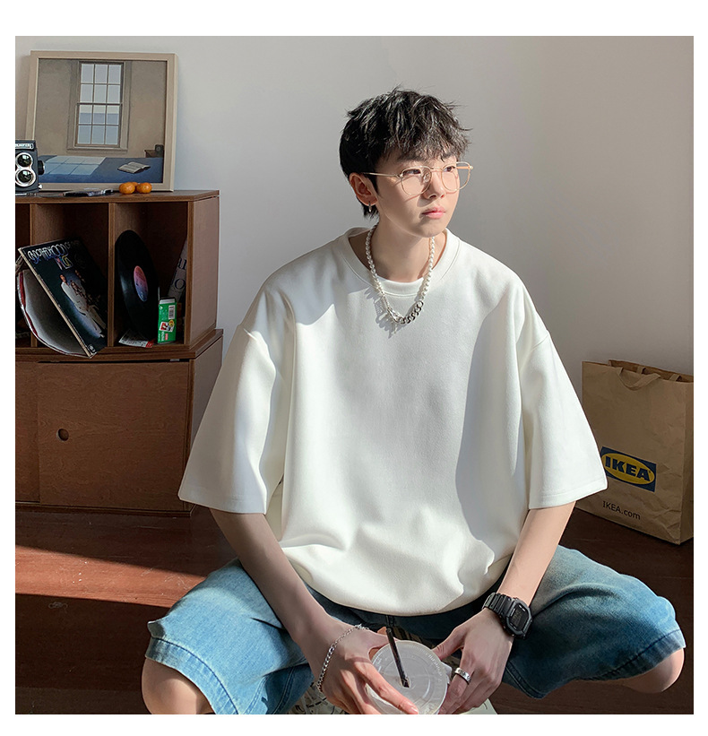 麂皮纯色短袖T恤男2023夏季质感半袖宽松t恤圆领半袖衣服青少年详情9