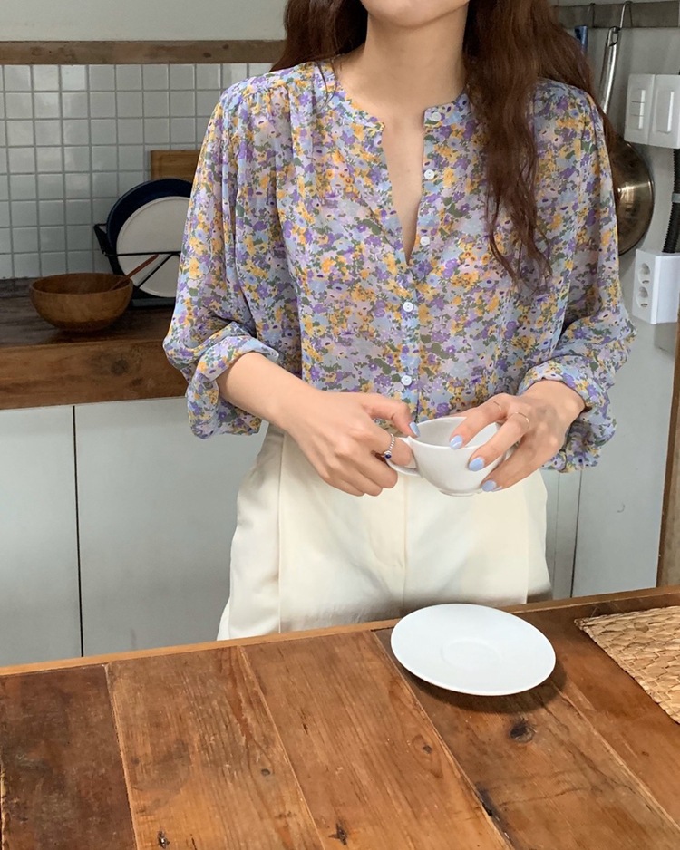 女装 ins长袖碎花雪纺衬衫女2021新款春季韩版宽松休闲单排扣上衣详情5