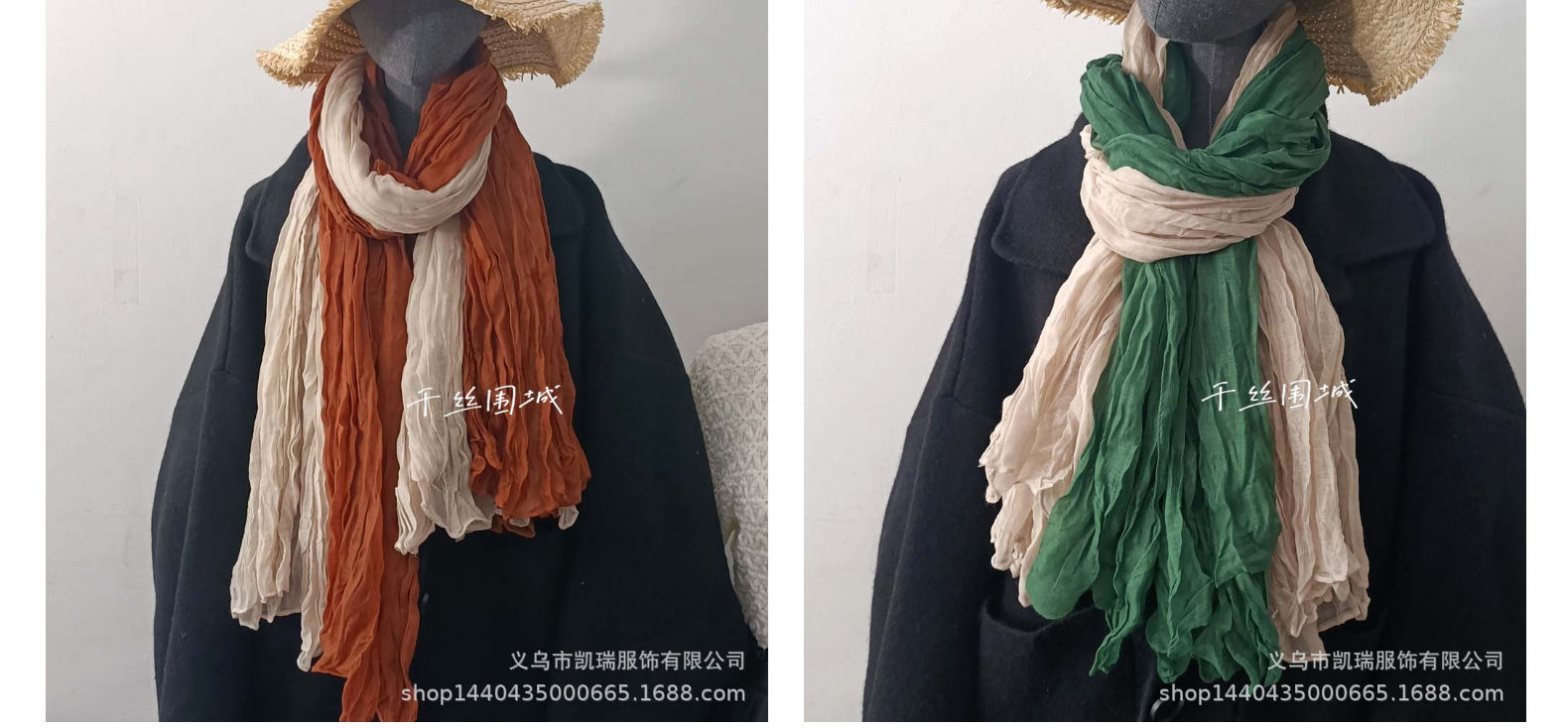 纯色棉麻围巾复古秋冬新款褶皱绿色复古薄长条披肩男女士保暖丝巾详情12