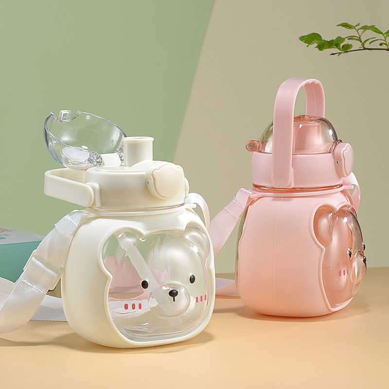 Wholesale of cute silicone-covered bear cups, anti-scald water cups, large-capacity water bottles for children, and double-drinking plastic cups pic 3
