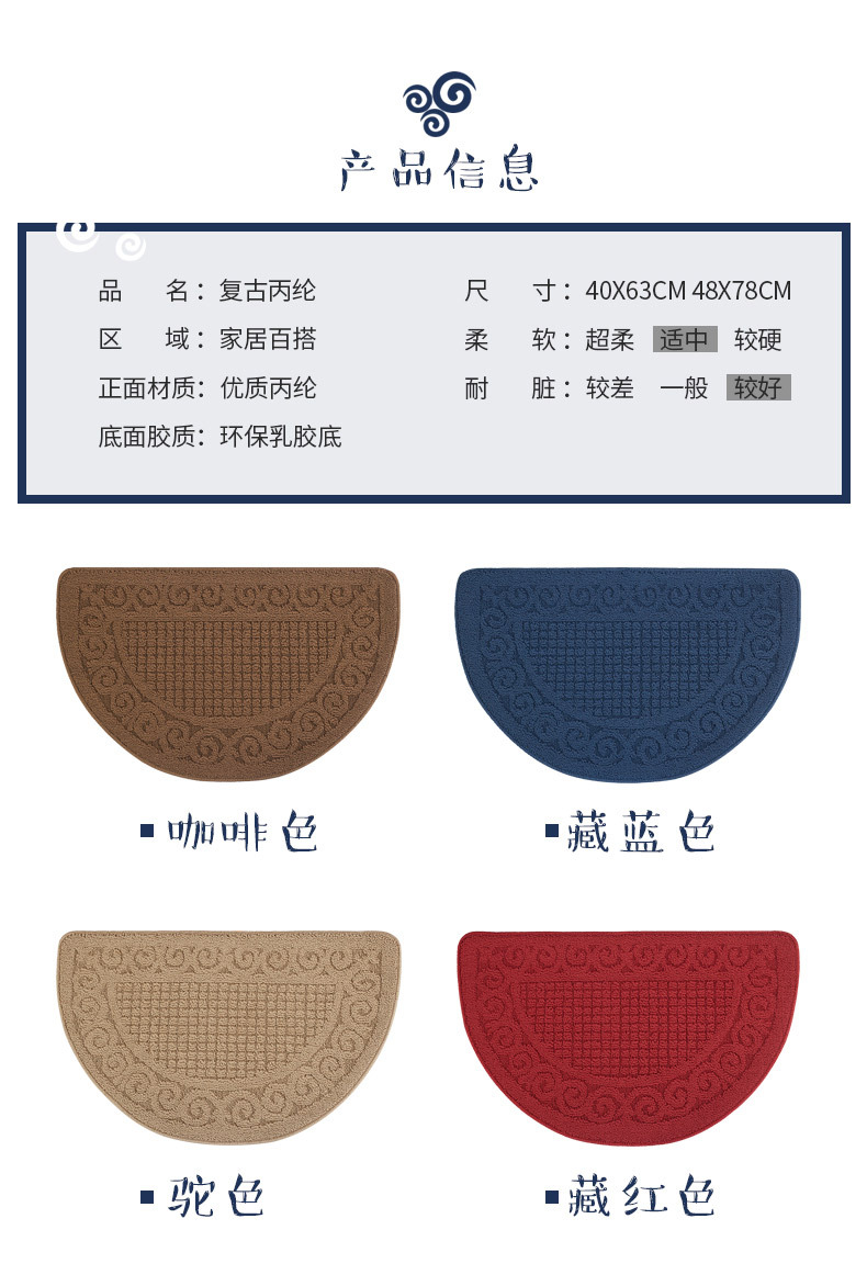 Wholesale of retro polypropylene semi-circular floor MATS, door MATS, living room carpets, bathroom and bathroom anti-slip floor MATS pic 2