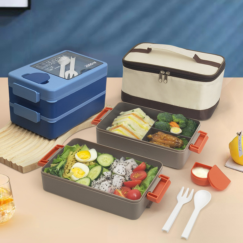 日式双层塑料饭盒上班族便当盒高颜值可微波炉饭盒学生便携午餐盒详情14