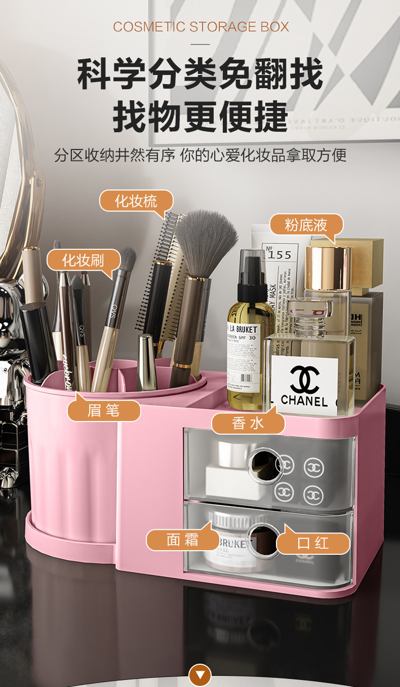 桌面抽屉式化妆刷收纳筒化妆品收纳盒置物架台面梳妆台口红眼影笔详情4