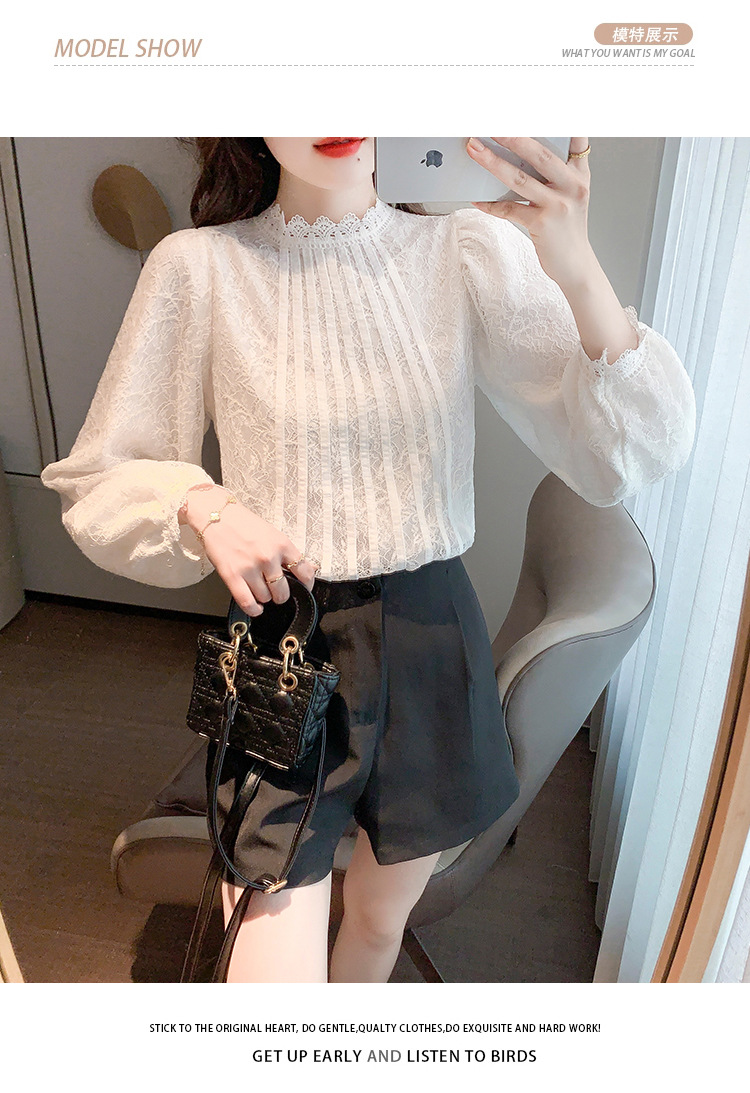 New Chinese-style in-stock real photos of the autumn new Korean-style versatile semi-high-neck lace base shirt for women. Pair it with a lace shirt inside pic 11