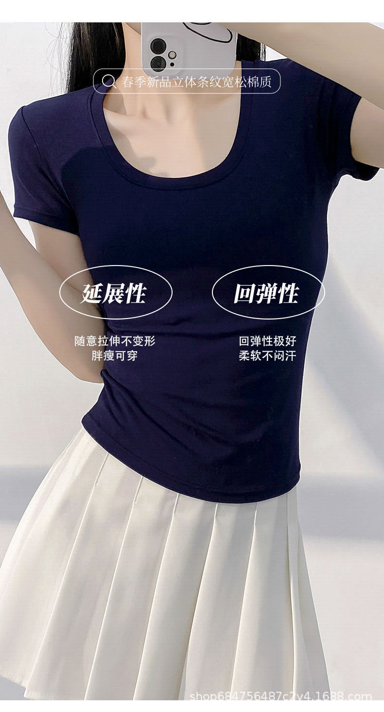 美式修身短袖T恤女2025夏季新款收腰圆领体恤甜辣短款小上衣打底详情2
