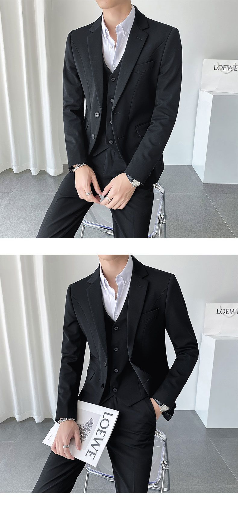 秋冬ins轻熟风韩版修身男士休闲二粒扣纯色西服三件套详情22