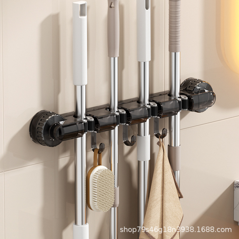 Wall-mounted four-clamp mop rack, powerful suction cup mop rack, multi-purpose hook hanging rack for kitchen and bathroom, household storage rack pic 5