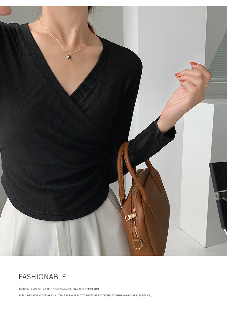 A new French cross-V-neck top for women, featuring a versatile Korean long-sleeved T-shirt with a unique design sense pic 6