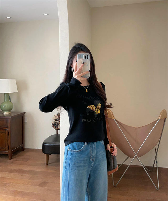 Playful and youthful embroidered printed puppy loose straight top straight-shoulder round-neck long-sleeved T-shirt for women 2025 early Spring G021418 pic 27