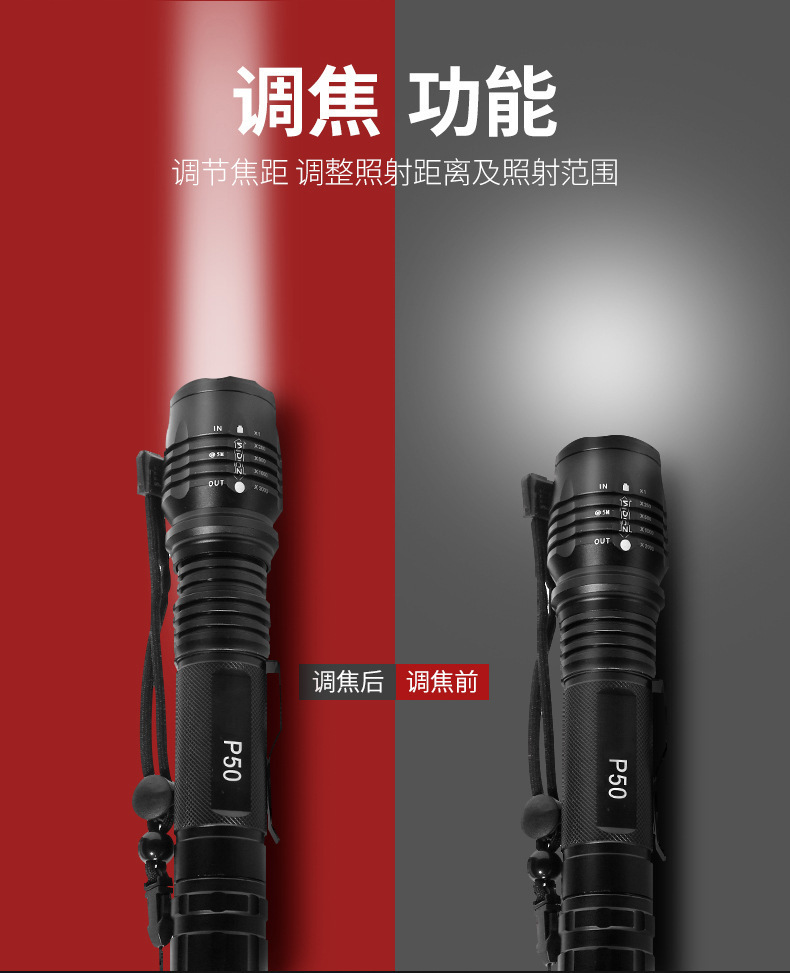 P50 high-power flashlight, high-power rechargeable pen holder, aluminum alloy, Class II, wholesale from Luban e-commerce source manufacturer pic 4