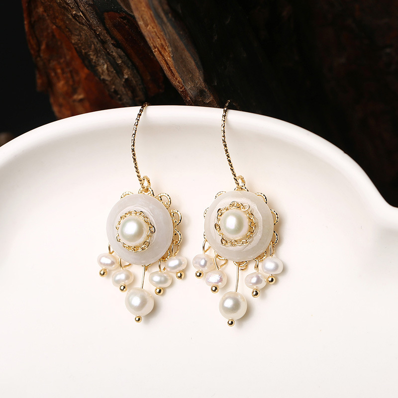 Jade Peace Pendant earrings, 14k gold inlaid, handcrafted natural pearl long tassel earrings, elegant and versatile earrings for women pic 8